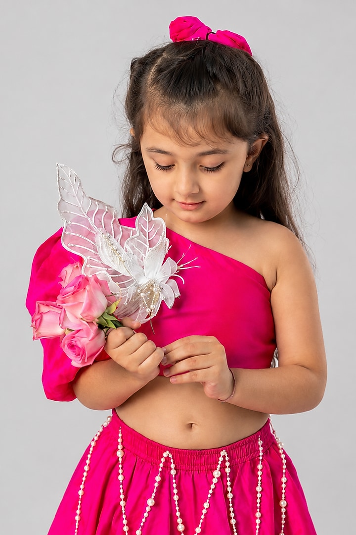Rani Pink Taffeta 3D Floral Embroidered Lehenga Set For Girls by Label Kiaa at Pernia's Pop Up Shop