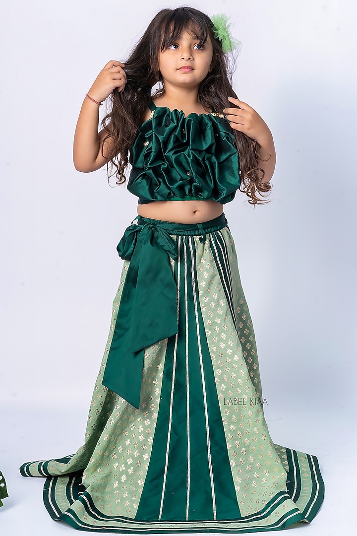 Green Taffeta & Brocade Lehenga Set For Girls by Label Kiaa at Pernia's Pop Up Shop