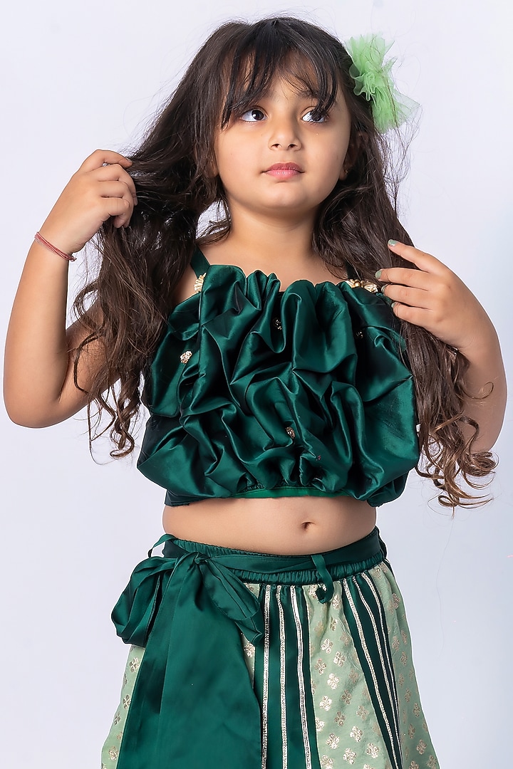 Green Taffeta & Brocade Lehenga Set For Girls by Label Kiaa at Pernia's Pop Up Shop