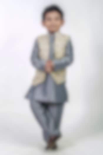 Grey Jacquard Nehru Jacket Set For Boys by Label Kiaa at Pernia's Pop Up Shop