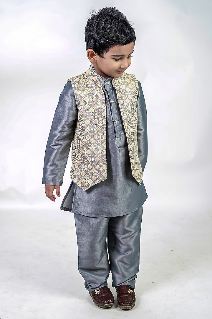 Grey Jacquard Nehru Jacket Set For Boys by Label Kiaa at Pernia's Pop Up Shop