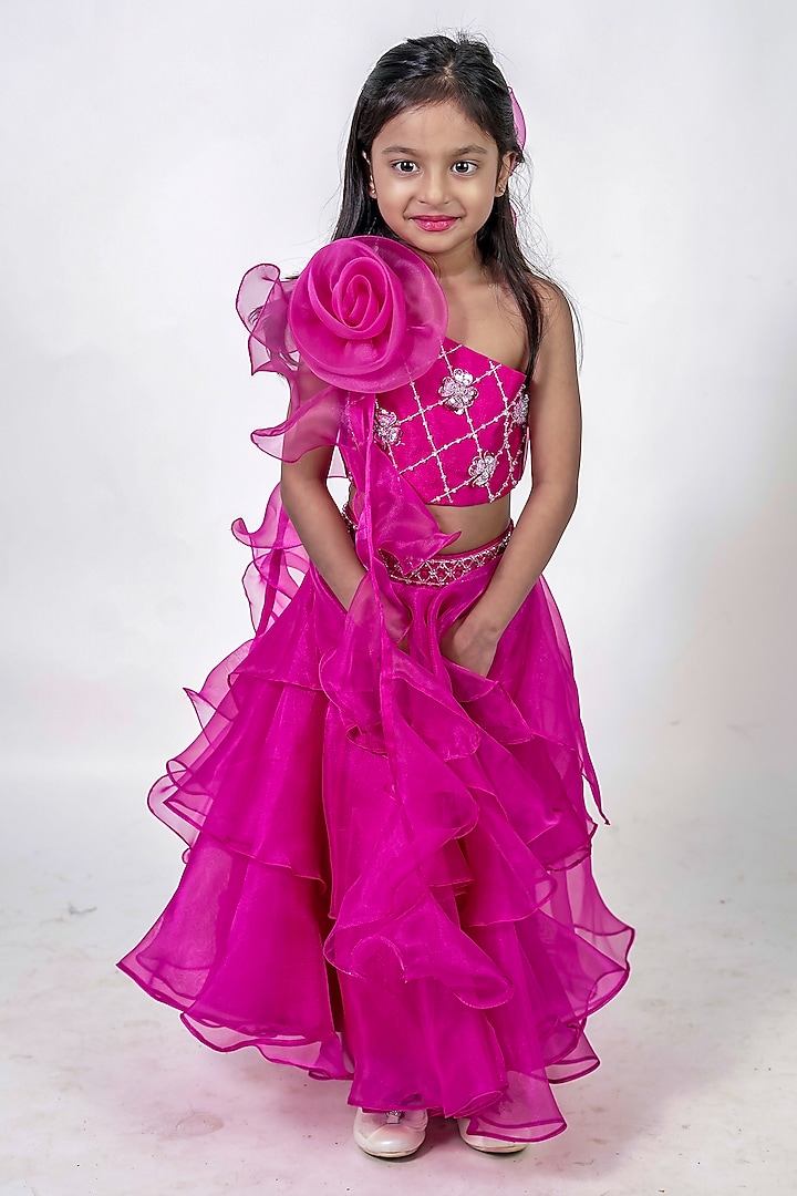 Pink Organza Floral Embroidered Lehenga Set For Girls by Label Kiaa at Pernia's Pop Up Shop
