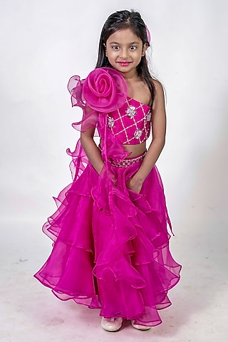 Pink Organza Floral Embroidered Lehenga Set For Girls by Label Kiaa