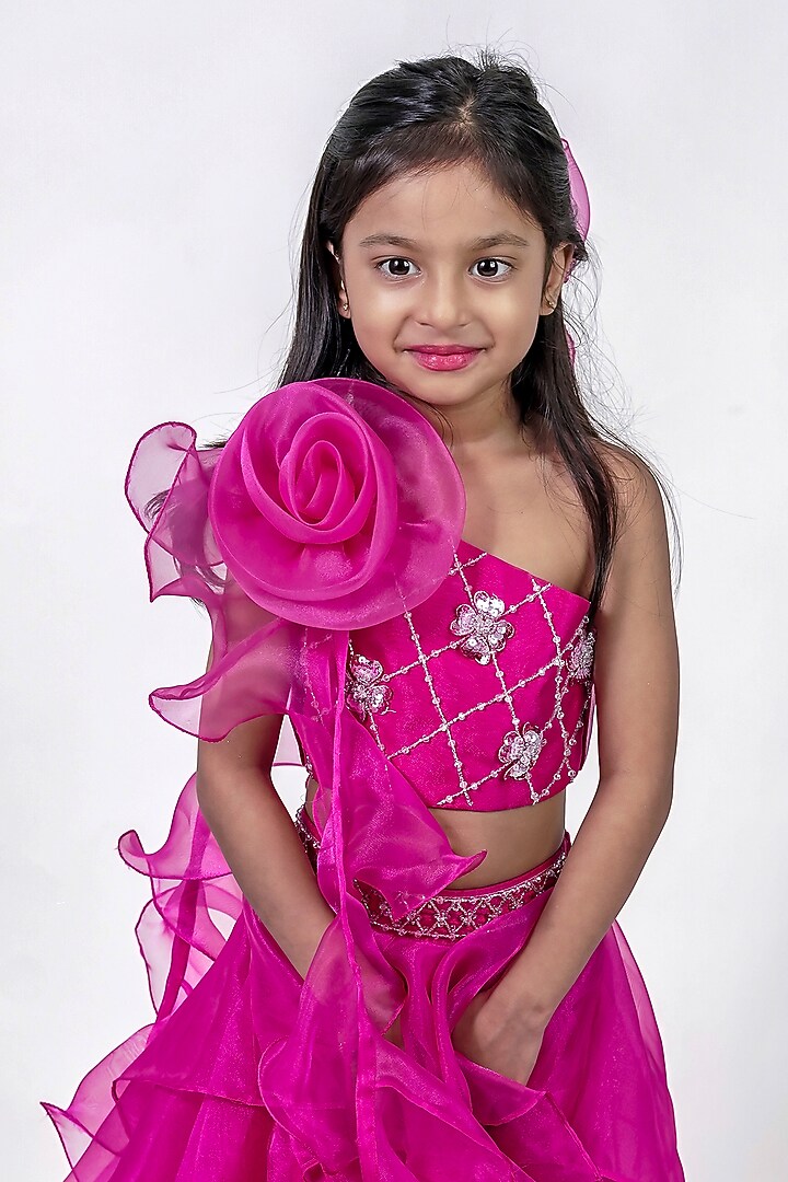 Pink Organza Floral Embroidered Lehenga Set For Girls by Label Kiaa at Pernia's Pop Up Shop