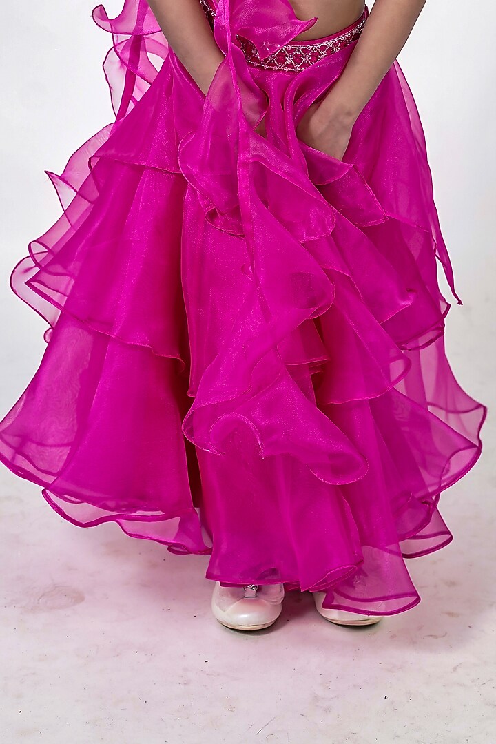 Pink Organza Floral Embroidered Lehenga Set For Girls by Label Kiaa at Pernia's Pop Up Shop