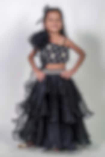 Black Organza Floral Embroidered Lehenga Set For Girls by Label Kiaa at Pernia's Pop Up Shop