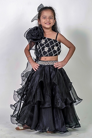 Black Organza Floral Embroidered Lehenga Set For Girls by Label Kiaa