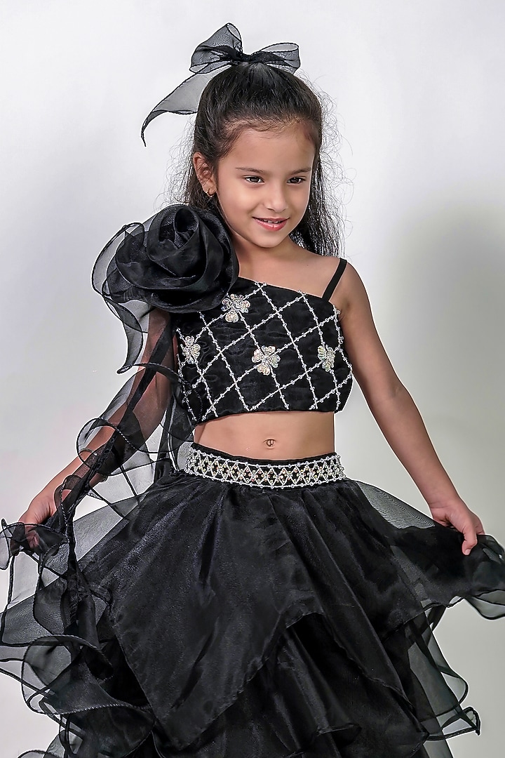 Black Organza Floral Embroidered Lehenga Set For Girls by Label Kiaa at Pernia's Pop Up Shop