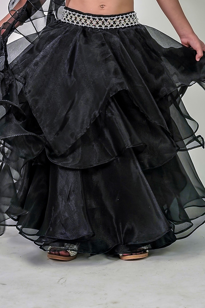Black Organza Floral Embroidered Lehenga Set For Girls by Label Kiaa at Pernia's Pop Up Shop