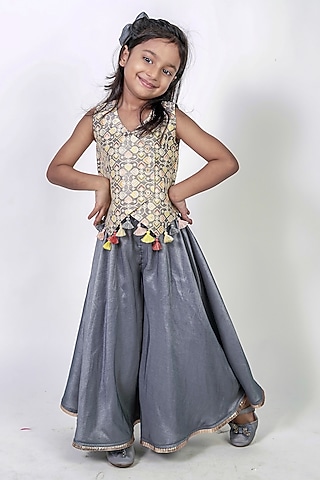 Grey Cotton Silk Palazzo Set For Girls by Label Kiaa