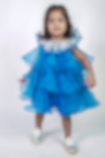 Blue Organza 3D Floral Embroidered Ruffled Dress For Girls by Label Kiaa at Pernia's Pop Up Shop