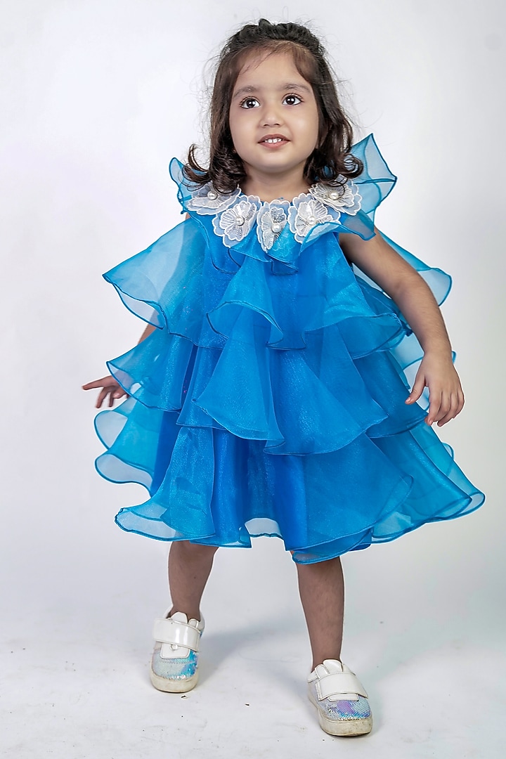 Blue Organza 3D Floral Embroidered Ruffled Dress For Girls by Label Kiaa at Pernia's Pop Up Shop