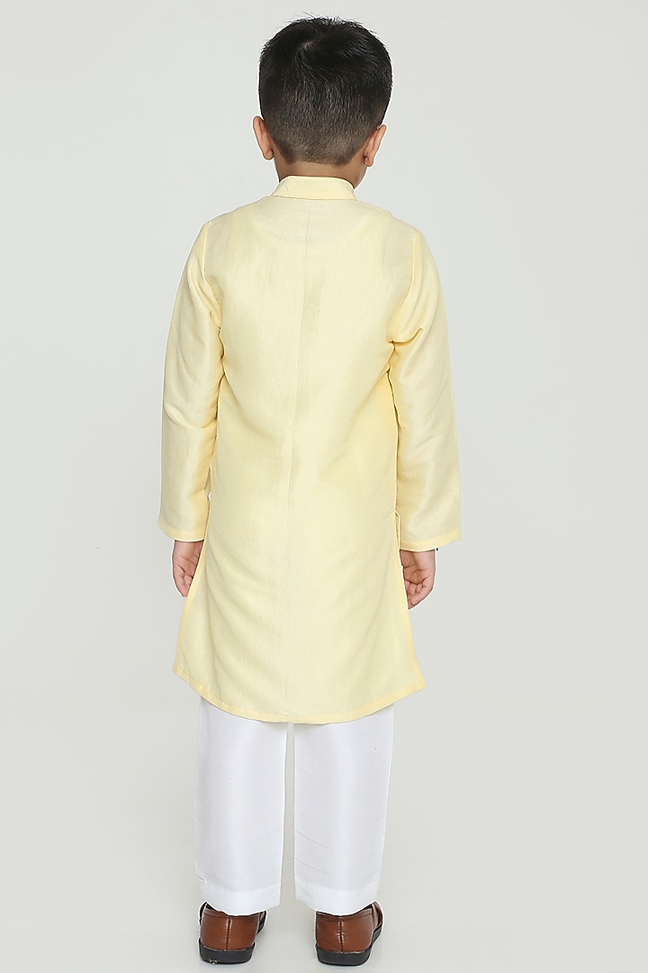 Yellow Cotton Silk Embroidered Kurta Set For Boys by Label Kiaa at Pernia's Pop Up Shop