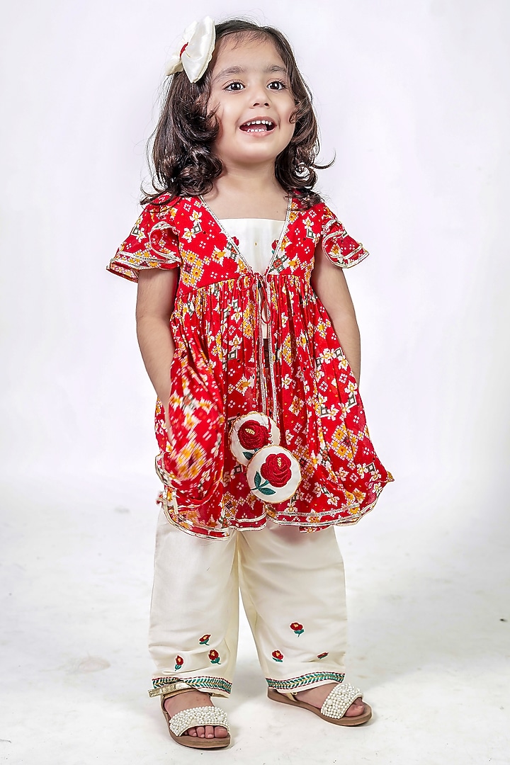 Red Cotton Silk Bandhej Printed Jacket Set For Girls by Label Kiaa at Pernia's Pop Up Shop