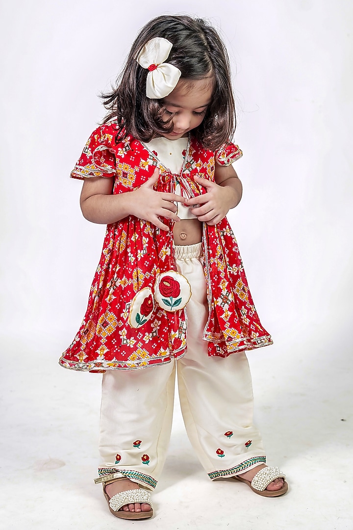 Red Cotton Silk Bandhej Printed Jacket Set For Girls by Label Kiaa at Pernia's Pop Up Shop