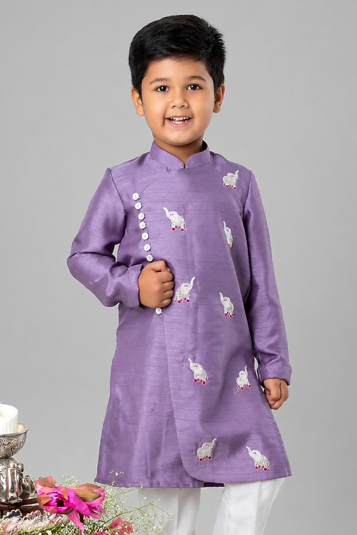 Lavender Linen Textured Embroidered Kurta Set For Boys by Label Kiaa at Pernia's Pop Up Shop