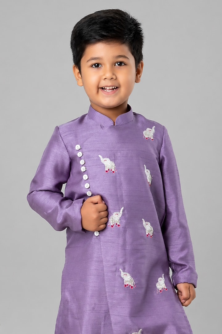 Lavender Linen Textured Embroidered Kurta Set For Boys by Label Kiaa at Pernia's Pop Up Shop