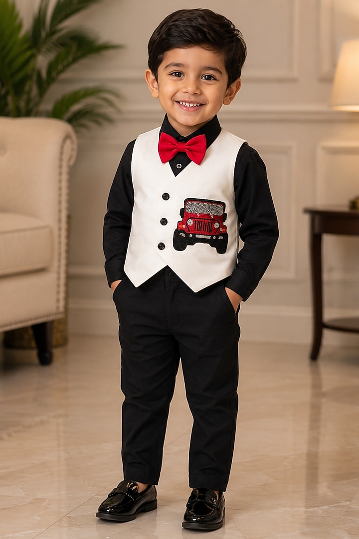 White Volvo & Cotton Waistcoat Set For Boys by Label Kiaa at Pernia's Pop Up Shop