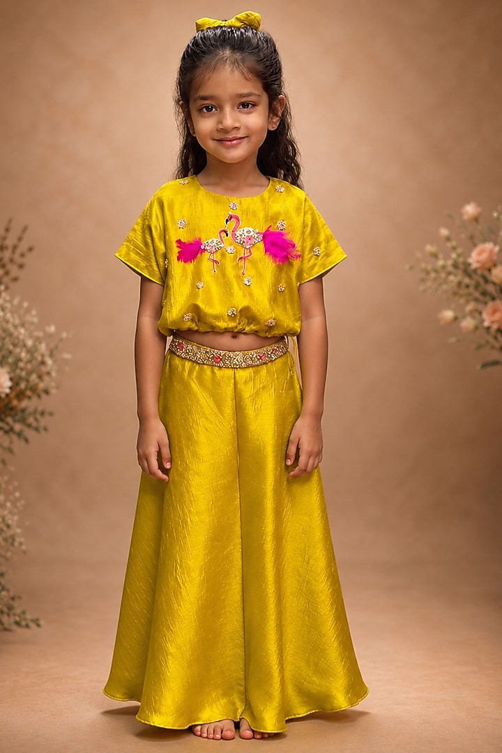 Yellow Linen Textured Palazzo Set For Girls by Label Kiaa at Pernia's Pop Up Shop