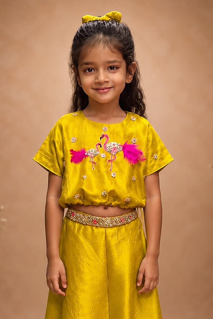Yellow Linen Textured Palazzo Set For Girls by Label Kiaa at Pernia's Pop Up Shop