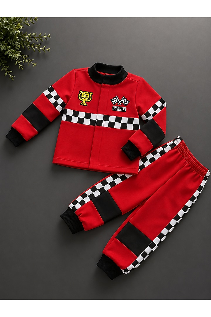 Red Volvo Racer Jacket Set For Boys by Label Kiaa at Pernia's Pop Up Shop