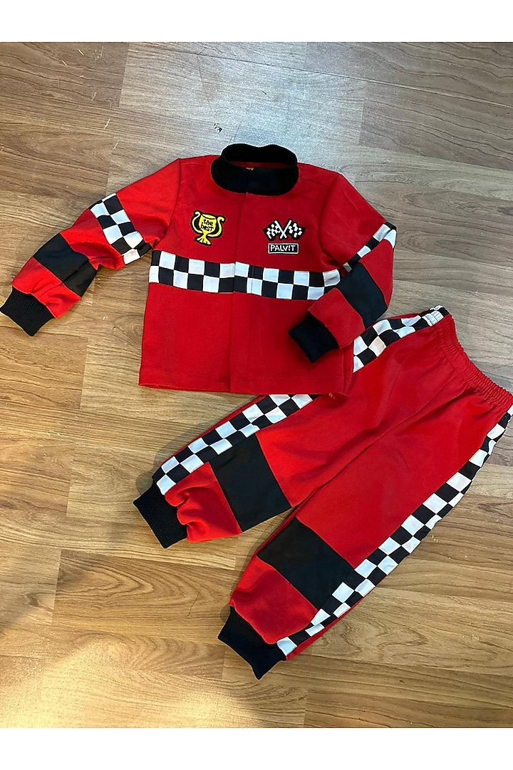 Red Volvo Racer Jacket Set For Boys by Label Kiaa at Pernia's Pop Up Shop
