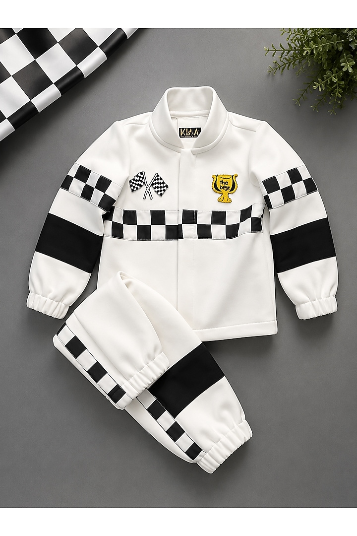 White Volvo Racer Jacket Set For Boys by Label Kiaa at Pernia's Pop Up Shop