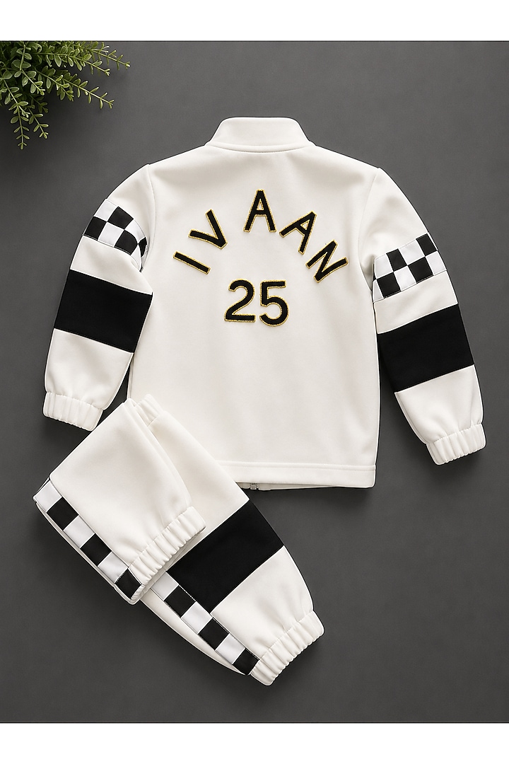 White Volvo Racer Jacket Set For Boys by Label Kiaa at Pernia's Pop Up Shop