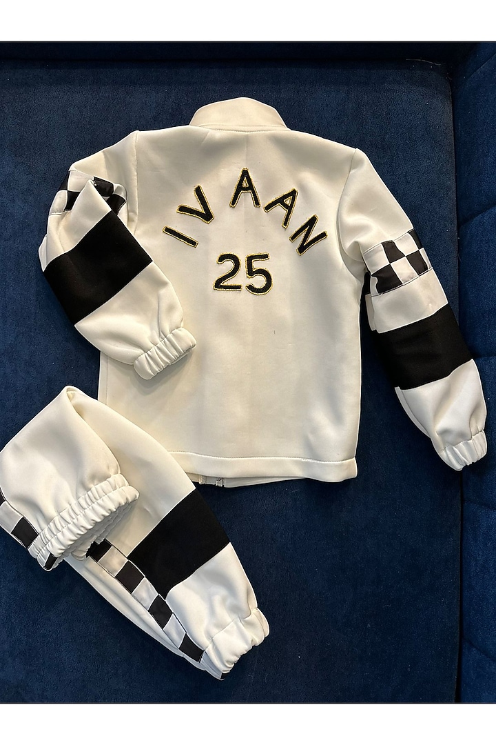 White Volvo Racer Jacket Set For Boys by Label Kiaa at Pernia's Pop Up Shop