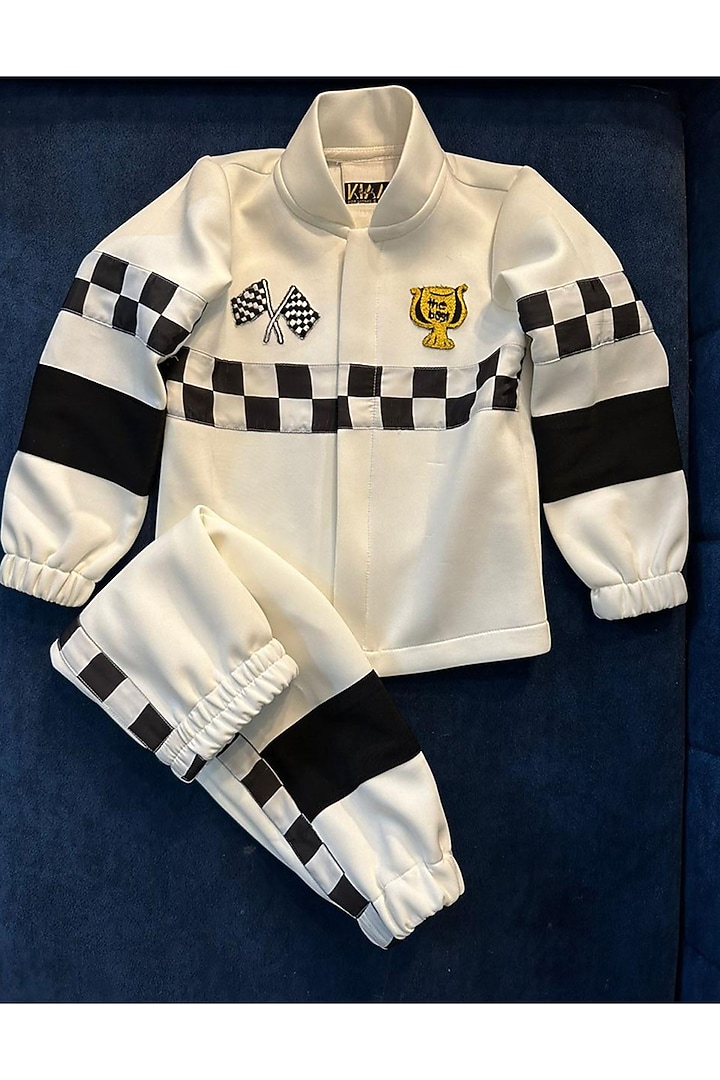 White Volvo Racer Jacket Set For Boys by Label Kiaa at Pernia's Pop Up Shop