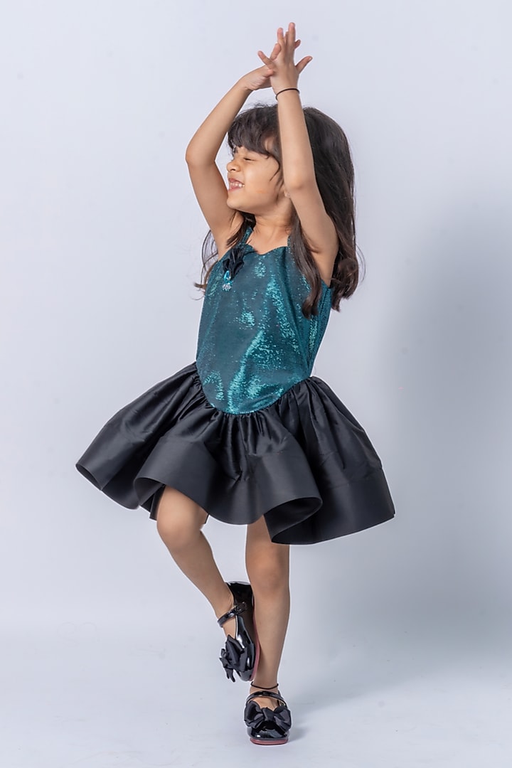 Teal Green Taffeta Flared Dress For Girls by Label Kiaa at Pernia's Pop Up Shop