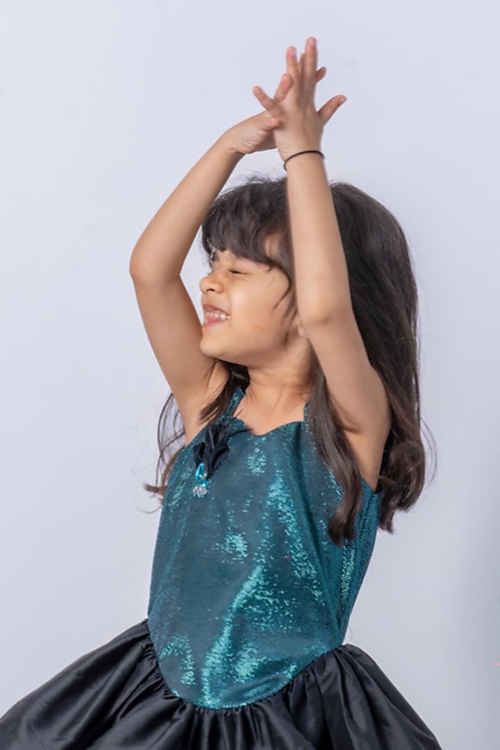 Teal Green Taffeta Flared Dress For Girls by Label Kiaa at Pernia's Pop Up Shop