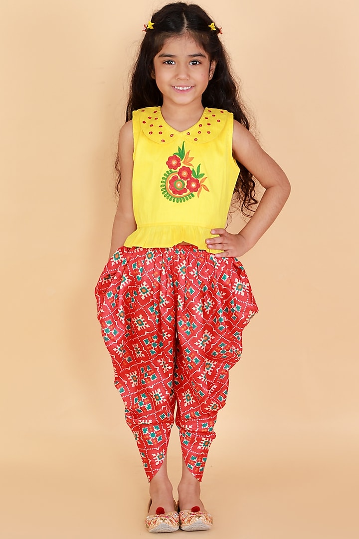 Red Printed Dhoti Set For Girls by KID1