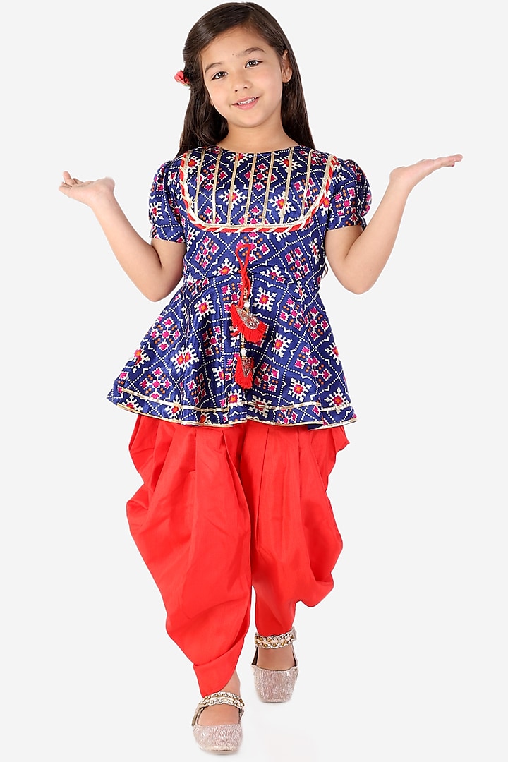 Red Silk Blend Dhoti Set For Girls by KID1