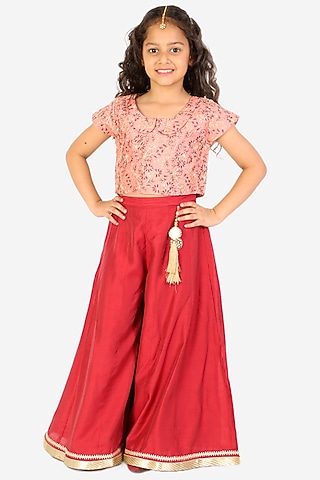 Pink Embroidered Pant Set For Girls by KID1