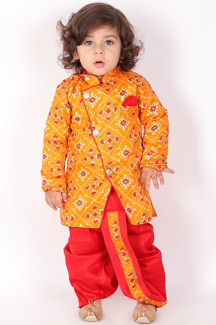 Yellow Printed Sherwani Set For Boys by KID1 at Pernia's Pop Up Shop