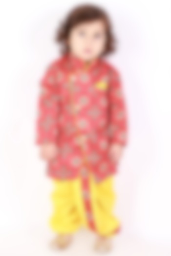 Red Silk Blend Printed Sherwani Set For Boys by KID1