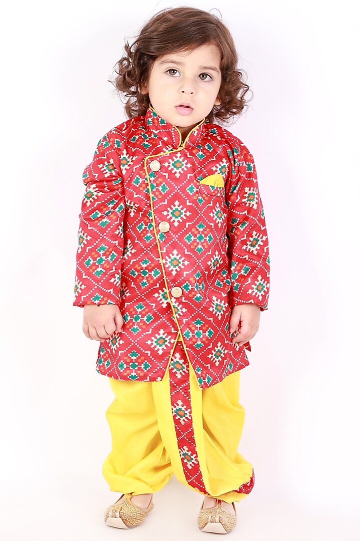 Red Silk Blend Printed Sherwani Set For Boys by KID1