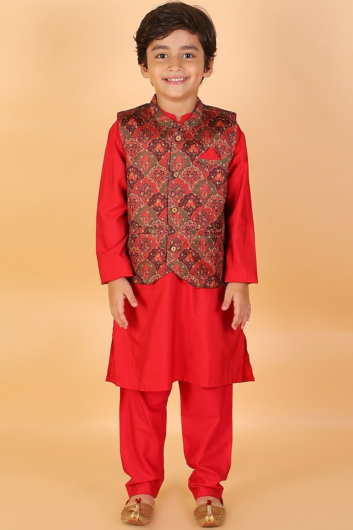 Red Kurta Set With Nehru Jacket For Boys by KID1