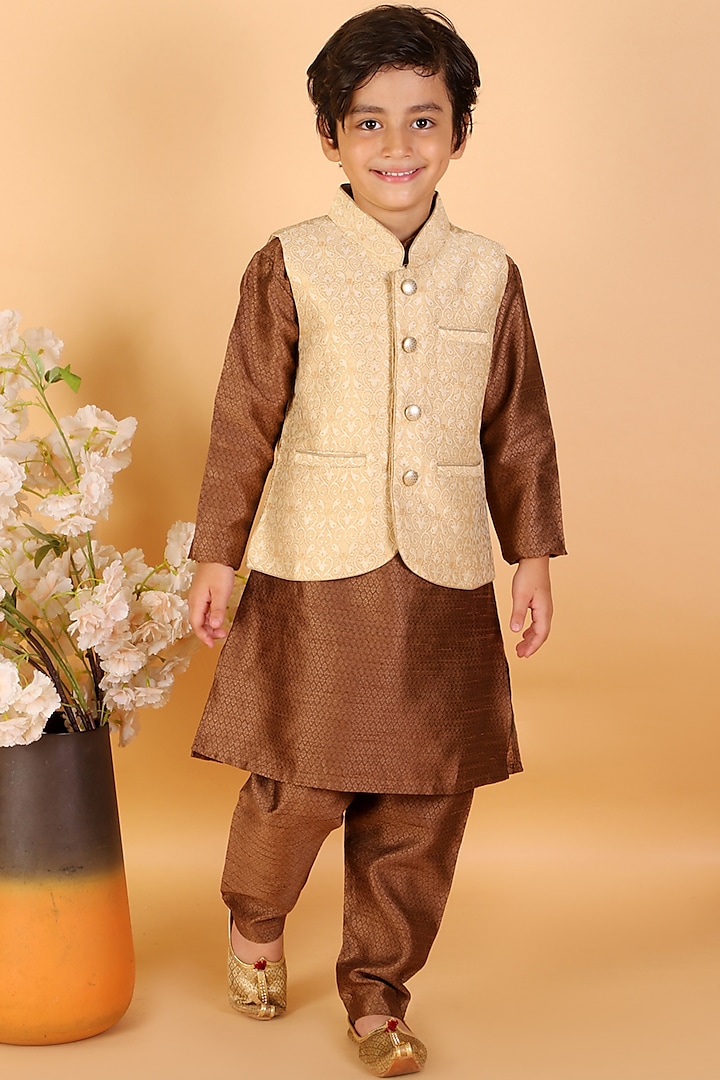 Golden Kurta Set With Nehru Jacket For Boys by KID1