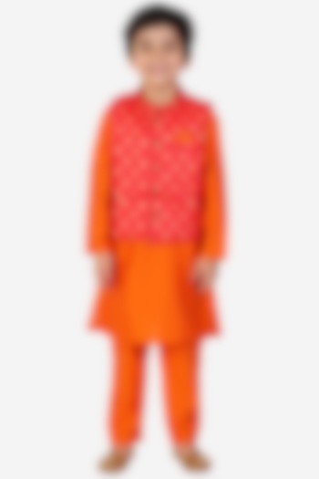 Orange Kurta Set With Red Nehru Jacket For Boys by KID1