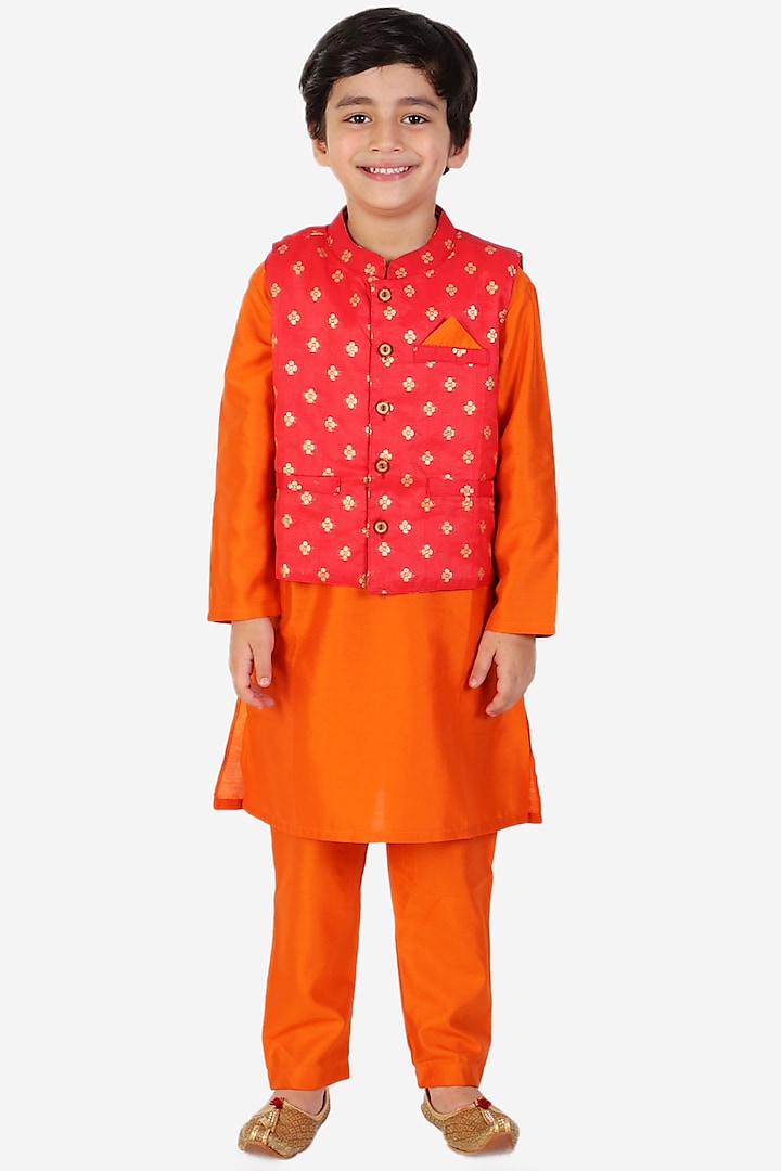 Orange Kurta Set With Red Nehru Jacket For Boys by KID1