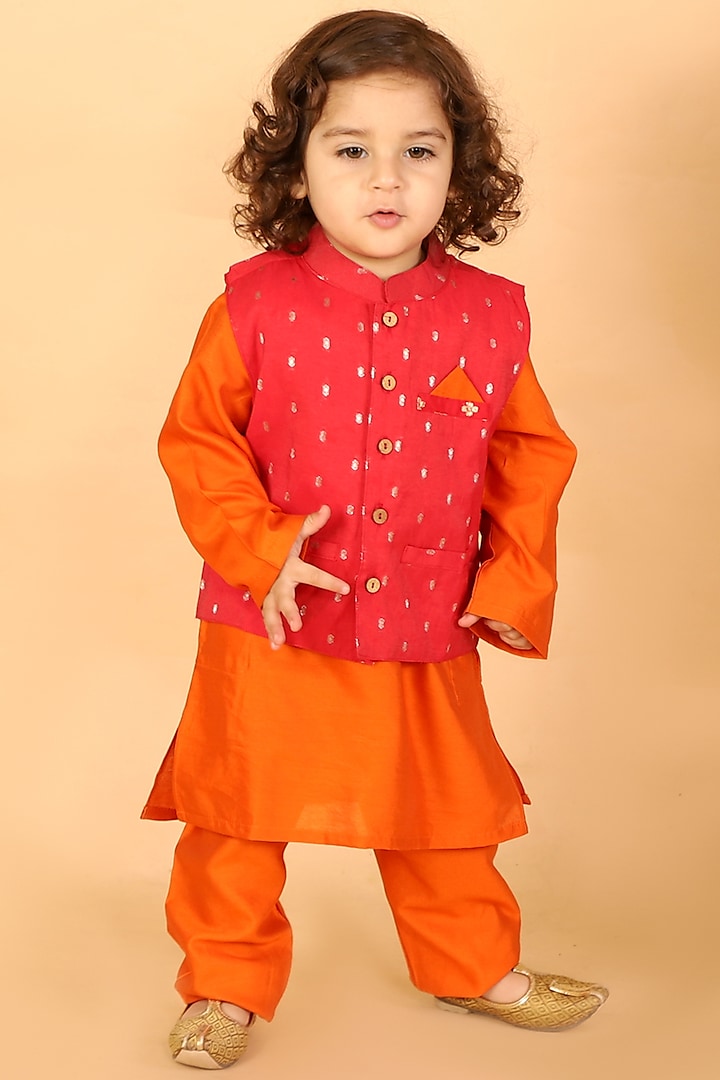 Orange Kurta Set With Nehru Jacket For Boys by KID1