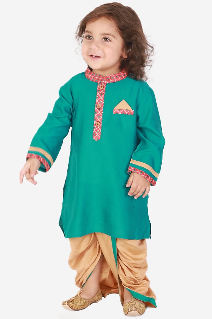 Green Embroidered Kurta Set For Boys by KID1