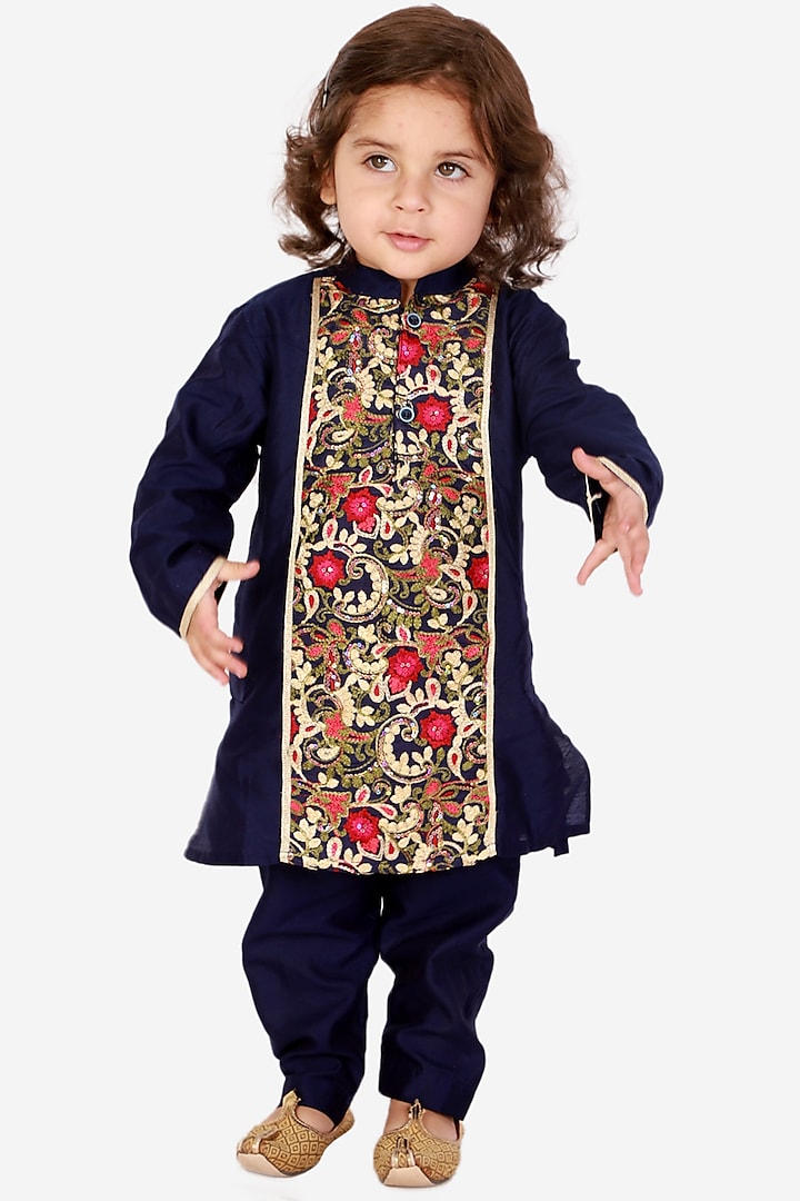 Navy Floral Kurta Set For Boys by KID1