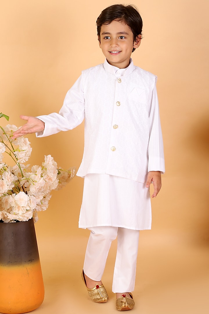 White Kurta Set With Nehru Jacket For Boys by KID1