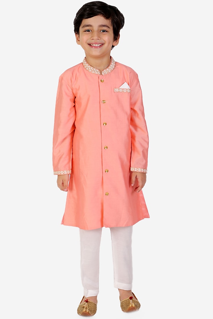 Peach Embroidered Kurta Set For Boys by KID1