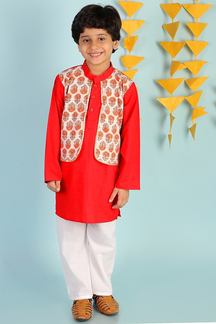 Red Embroidered Kurta Set For Boys by KID1