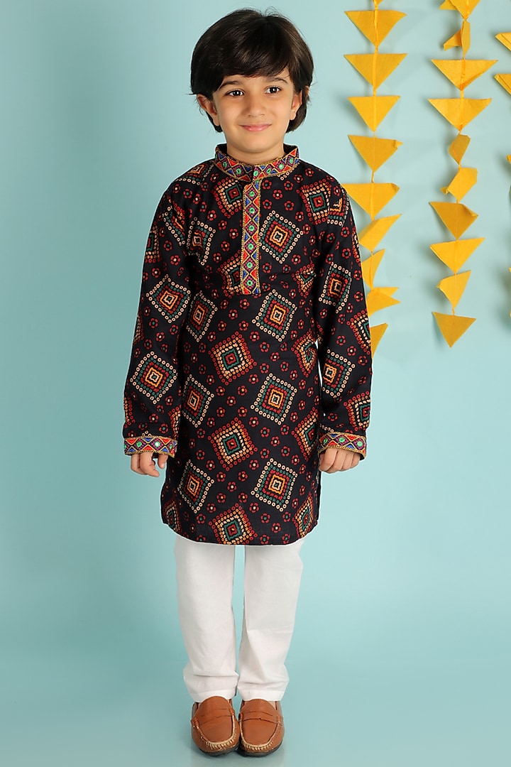 Navy Blue Embroidered Kurta Set For Boys by KID1