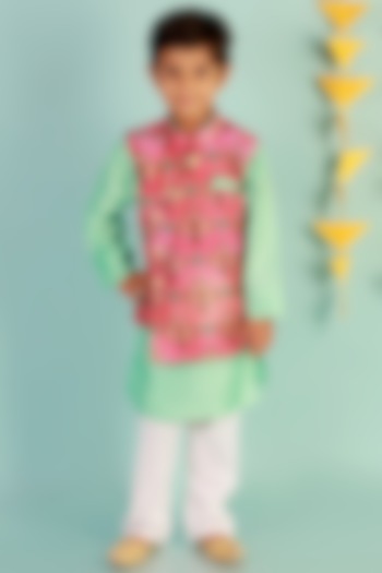 Pink Printed Bundi Jacket With Kurta Set For Boys by KID1